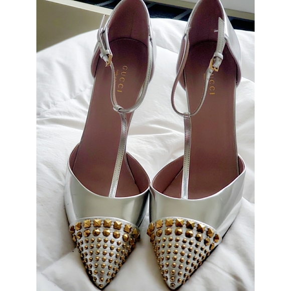 Gucci Silver Argento Gold Studded Women Pumps - Picture 3 of 13